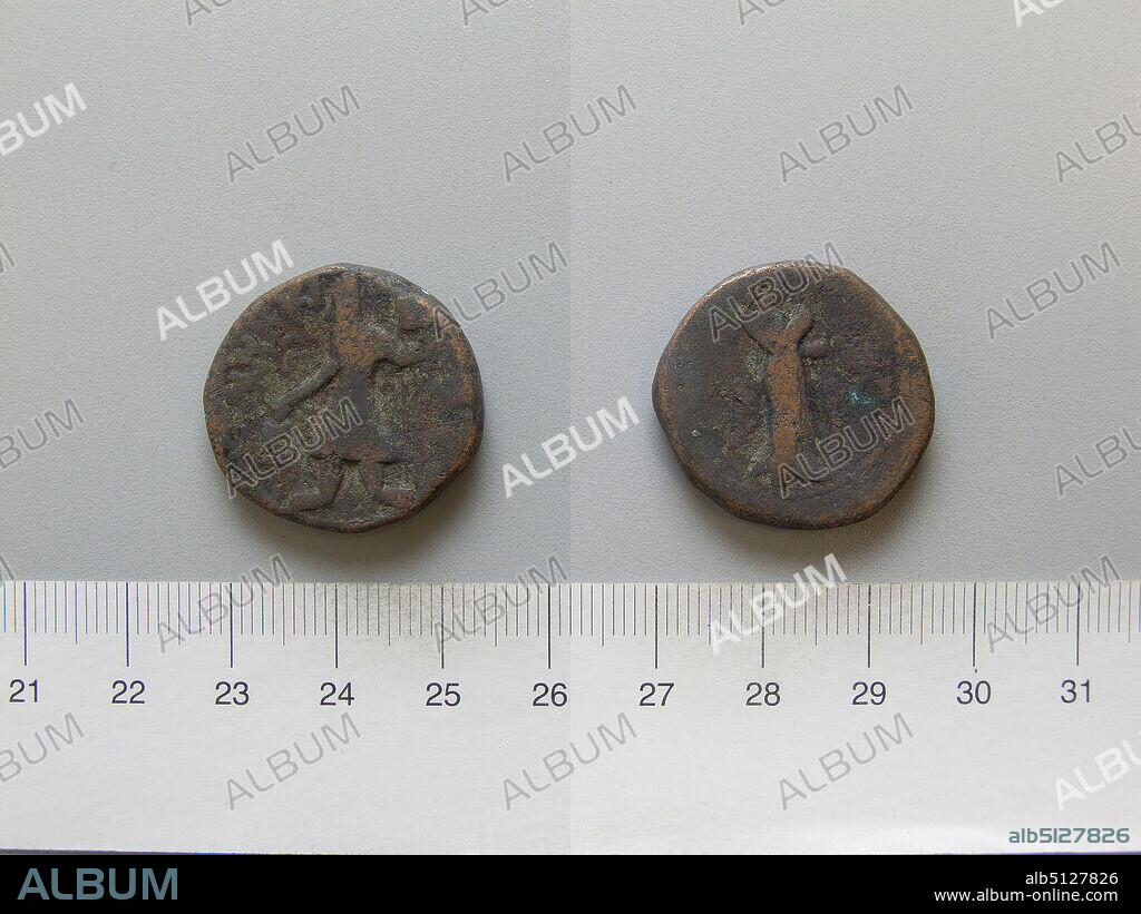 Ruler: Kanishka, Emperor of the Kushan dynasty, 78144, ruled ca. 127150, Mint: India, Coin of Kanishka from India, 13058, Copper, 16.43 g, 11:00, 26 mm, Made in India, Greek, 2nd century, Numismatics.