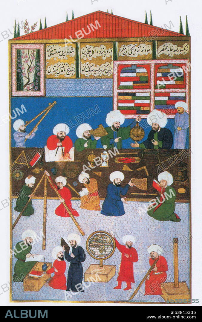 In 1575, when the Ottoman empire was at its height, the astronomer Taqi ad-Din founded an observatory at Galata (now part of Istanbul, Turkey). This painting of the time shows the astronomers with their equipment, which includes a globe, a sand glass for timing, items for drawing, and all kinds of sighting devices.