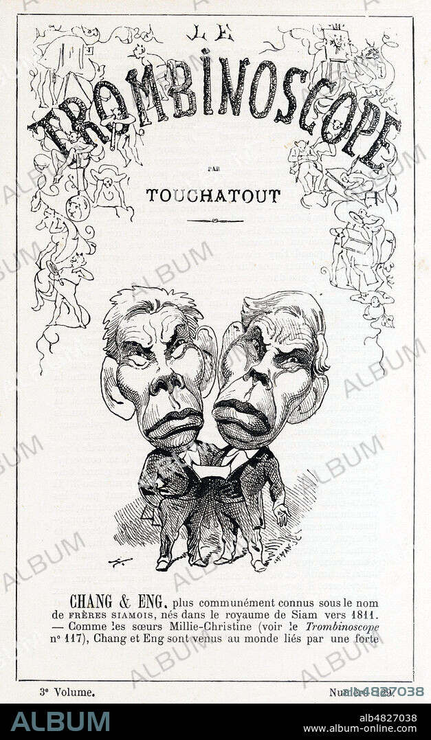 Portrait-charge de Chang et Eng BUNKER (1811-1874) les Freres Siamois. Caricature de fevrier 1874 par Paul HADOL (1835-1875) pour le Trombinoscope de TOUCHATOUT (1835-1911). Credit : Collection KHARBINE-TAPABOR.