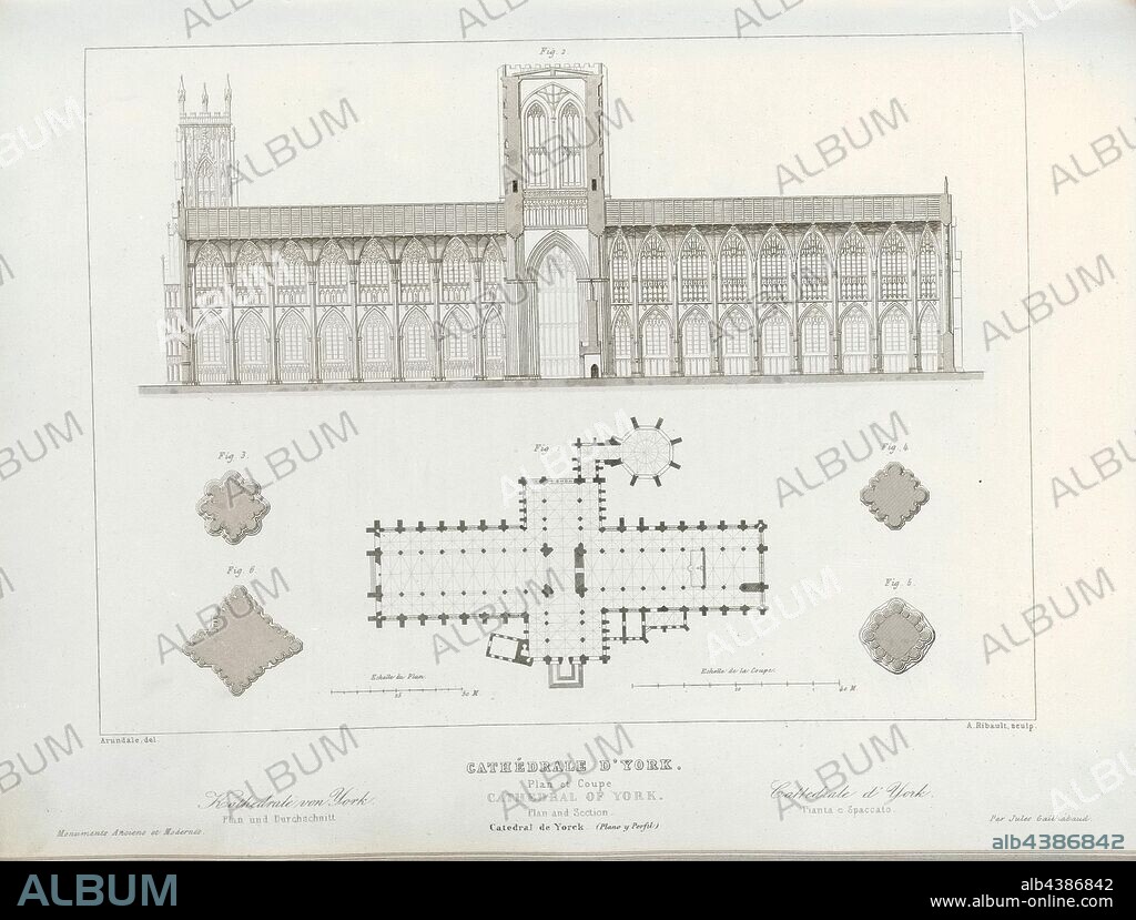 York Cathedral, Floor plan and longitudinal section of the York Minster, signed: Arundale del, A. Ribault sculp, Pl., 53, Arundale (del.); Ribault, A. (sc.), 1853, Jules Gailhabaud: Monuments anciens et modernes: collection formant une histoire de l'architecture des différents peuples à toutes les époques. Paris: Librairie de Firmin Didot frères, 1853.