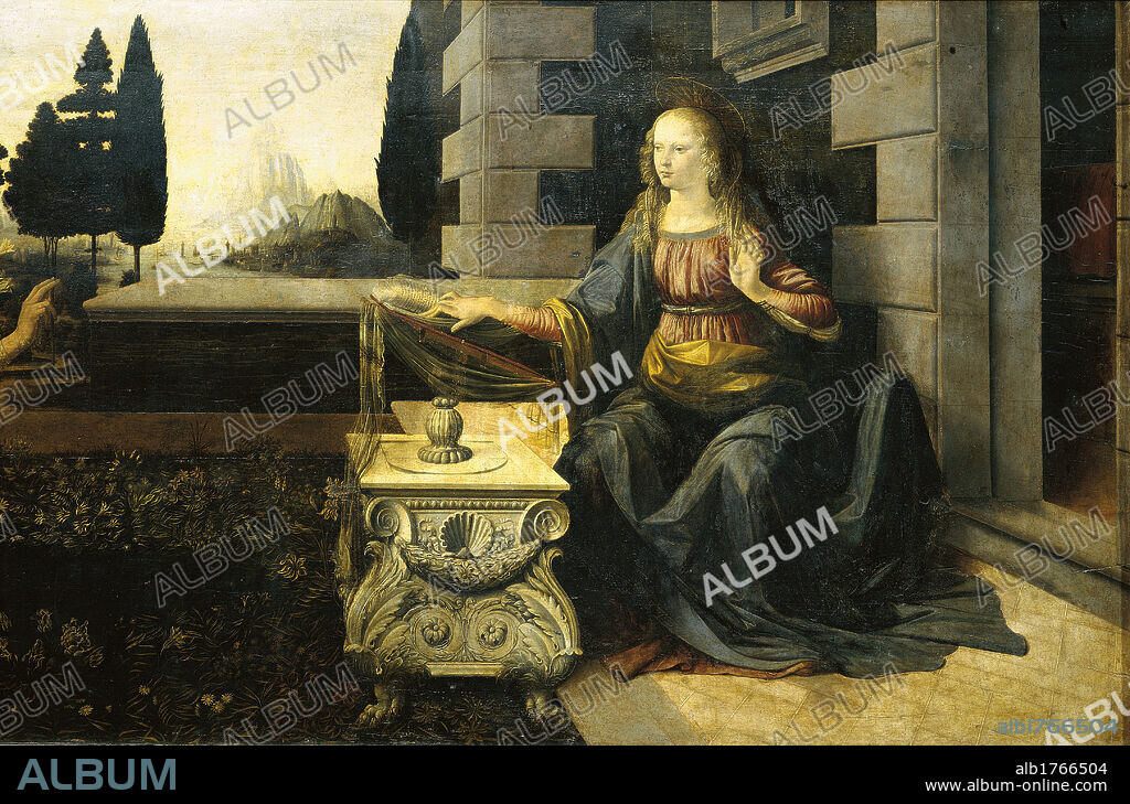 The Annunciation, by Leonardo da Vinci, 15th Century, 1475 about, oil and tempera on panel, cm 98 x 217. Italy, Tuscany, Florence, Uffizi Gallery. Authorization required for non editorial use.