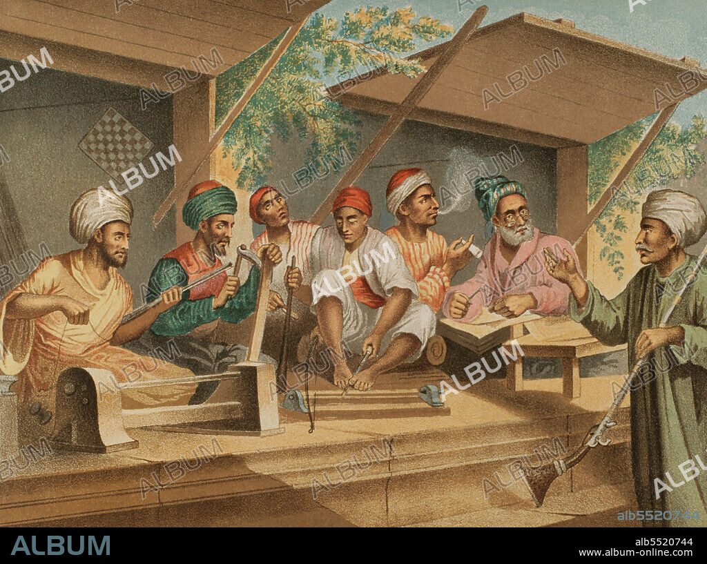JOSé ACEVEDO. SPANISH ARTIST OF THE MID-19TH CENTURY.. Turkish craftsmen in Constantinople. From left to right: passementerie maker, pipe maker, wood turners, babouche embroiderer and gunsmith. Chromolithography. Illustration by José Acevedo. Lithograph by José Maria Mateu. "Viaje a Oriente", 1878.