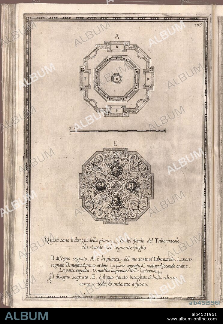 The plan, and the bottom of the metal Tabernacle made for the Capella del Presepio, Floor plan of the Tabernacle in the Cappella Sistina in the Basilica of Santa Maria Maggiore, date estimated 106, Fol. 108r, Fontana, Domenico (fec.); Bonifacio, Natale (inc.), 1590, Domenico Fontana: Della trasportatione dell'obelisco vaticano et delle fabriche di nostro signore papa Sisto V. Roma: appresso Domenico Basa, 1590.