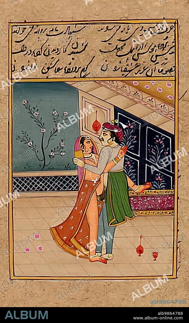 Depiction of an erotic scene, love scene, sex, in a 19th century edition of the Kama Sutra, textbooks on eroticism, India, Arabia, Historical, digitally restored reproduction of an original from the period, Asia.