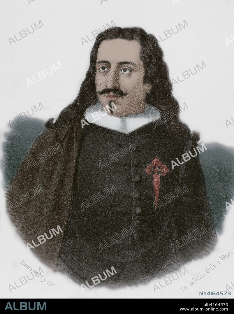 Diego de Saavedra Fajardo (1584-1648). Escritor y diplomático español. Dibujo por Llanta. Litografía. Coloreada. Retrato. Crónica General de España, Historia Ilustrada y Descriptiva de sus Provincias. Región de Murcia, 1870.