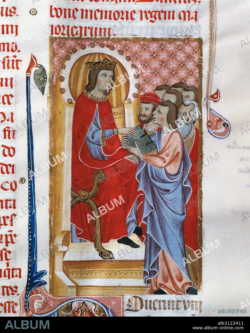 JAIME III (Catania,1315-Lluchmajor,1349). Rey de Mallorca (1324-1349), sucesor de Sancho I. Se enfrentó con Jaime II de Aragón. "JURAMENTO DE LOS PRIVILEGIOS Y FRANQUICIAS DE LA ISLA DE MALLORCA". Miniatura del "Libro de Franquicias y Privilegios del Reino de Mallorca" (1334). Folio 156. Archivo del Reino de Mallorca. Palma de Mallorca. Islas Baleares. España.