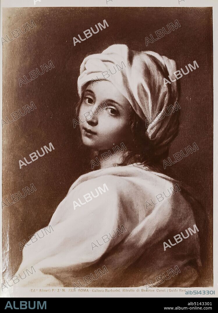 Guido Reni (closed): Portrait of Beatrice Cenci. Galleria Nazionale d'Arte Antica, Palazzo Barberini, Rome, albumin paper, black and white positive process, image size: height: 25.10 cm; width: 19.10 cm, ROMA - Galleria Barberini. Ritratto di Beatrice Cenci. (Guido Reni.) Round stamp on verso: , portrait, painting, Beatrice Cenci.