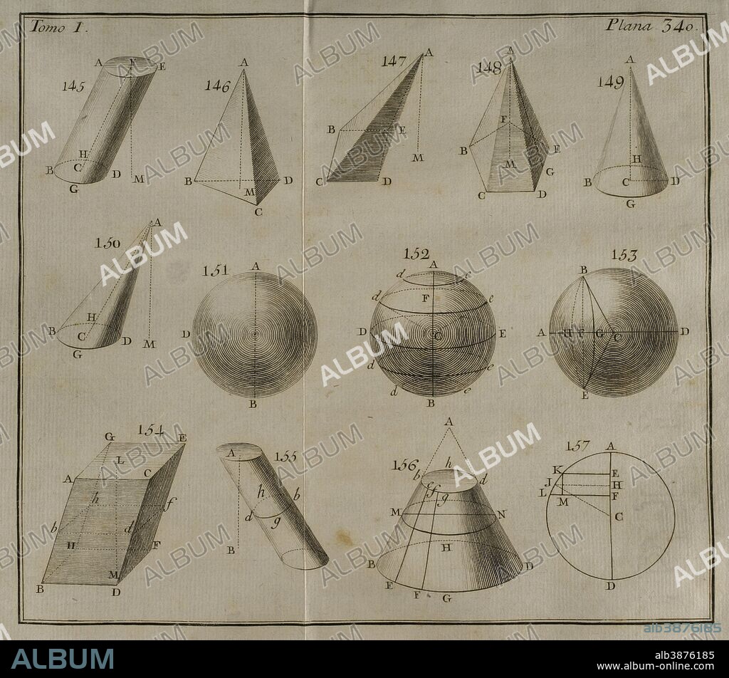 Elementos de Matematica (Elements of Mathematics), by the Spanish architect and mathematician Benito Bails (1730-1797). Geometric figures. Engraving. Volume I, which treats elements of arithmetic, trigonometry and geometry. Published in Madrid, 1779.