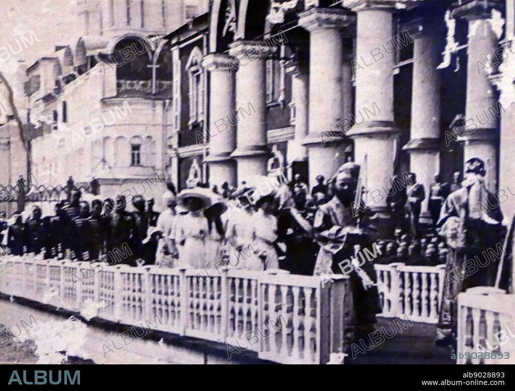 Nicholas II or Nikolai II (1868 - 17 July 1918), Tsar of Russia, at the Tercentenary celebrations of the Romanov dynasty. 1913. known as Saint Nicholas in the Russian Orthodox Church, was the last Emperor of Russia, ruling from 1 November 1894 until his forced abdication on 15 March 1917. His reign saw the fall of the Russian Empire from one of the foremost great powers of the world to economic and military collapse.