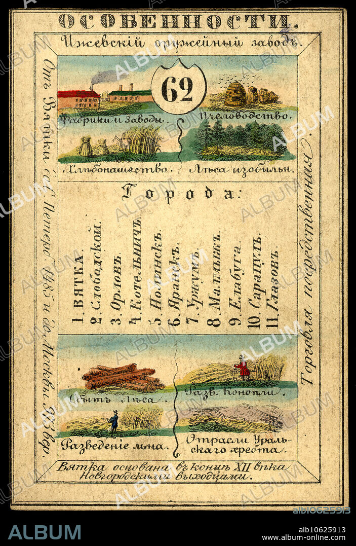 Vyatka Province, 1856. This card is one of a souvenir set of 82 illustrated cards-one for each province of the Russian Empire as it existed in 1856. Each card presents an overview of a particular province's culture, history, economy, and geography. The front of the card depicts such distinguishing features as rivers, mountains, major cities, and chief industries. The back of each card contains a map of the province, the provincial seal, information about the population, and the local costume of the inhabitants. National Library of Russia.