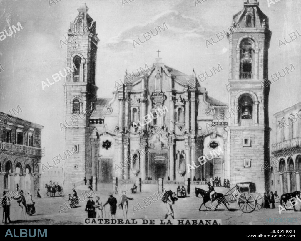 The Cathedral of Havana which was built in 1789 and has three naves, 1920s.  Cigar card from the History of Cuba, Geografico Universal, Propaganda de los Cigarros Susini y La Corona, Tabacalera Cubana.