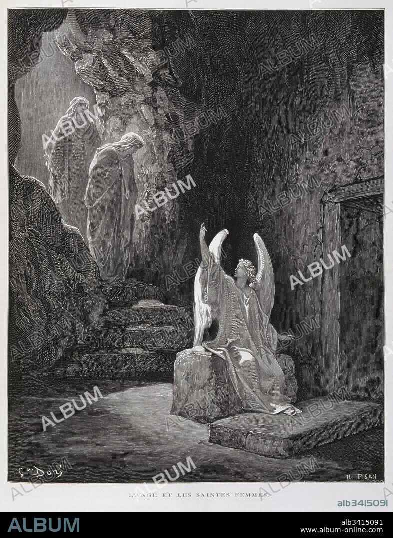 The angel at the grave of Jesus, Illustration from the Dore Bible 1866. In 1866, the French artist and illustrator Gustave Dore (1832–1883), published a series of 241 wood engravings for a new deluxe edition of the 1843 French translation of the Vulgate Bible, popularly known as the Bible de Tours. This new edition was known as La Grande Bible de Tours and its illustrations were immensely successful..