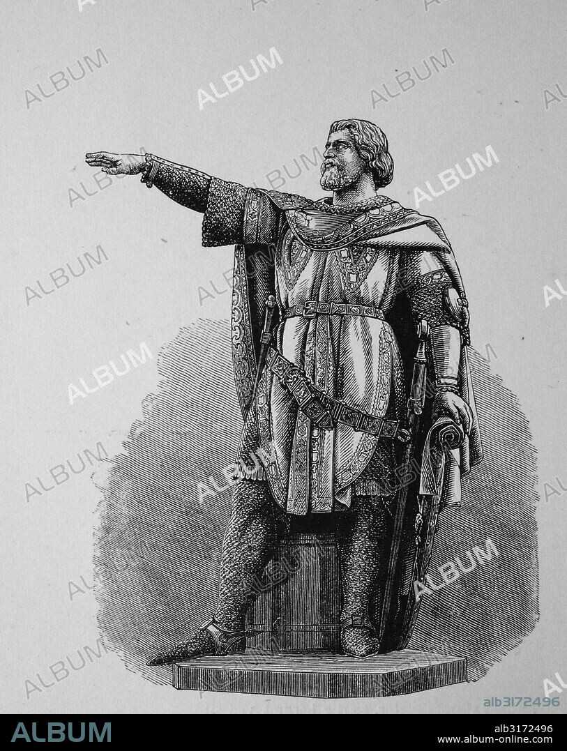 Jacob van artevelde, 1290 - 1345, flemish patriot, statue in ghent, belgium, woodcut from 1880.