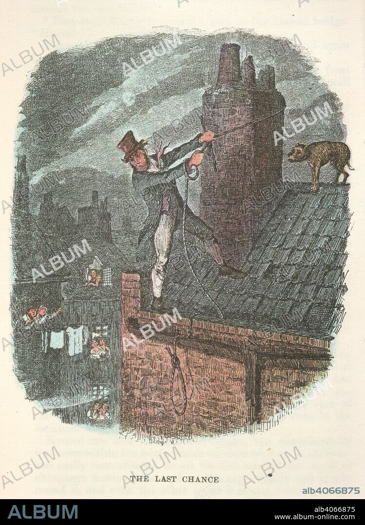CHARLES DICKENS. The last chance. Bill Sykes on the roof of a building, with his dog, Bullseye. The Adventures of Oliver Twist ... With twenty-four illustrations by Cruikshank. Chapman & Hall: London; Henry Frowde, New York, 1911. Source: 012612.i.6, opposite 468. Language: English.