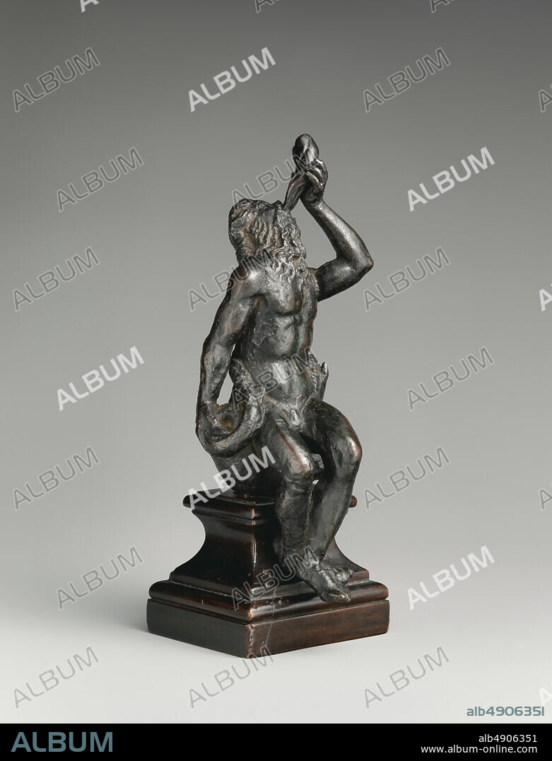 Severo Calzetta da Ravenna, Neptune Seated on a Marine Monster and Blowing a Conch Shell, Italian, Ravenna or Padua, Severo Calzetta da Ravenna (Italian, active by 1496, died before 1543), late 15th century, Italian, Ravenna or Padua, Bronze, wood pedestal, Overall: 7 1/8 × 3 × 3 in. (18.1 × 7.6 × 7.6 cm), Sculpture-Bronze.