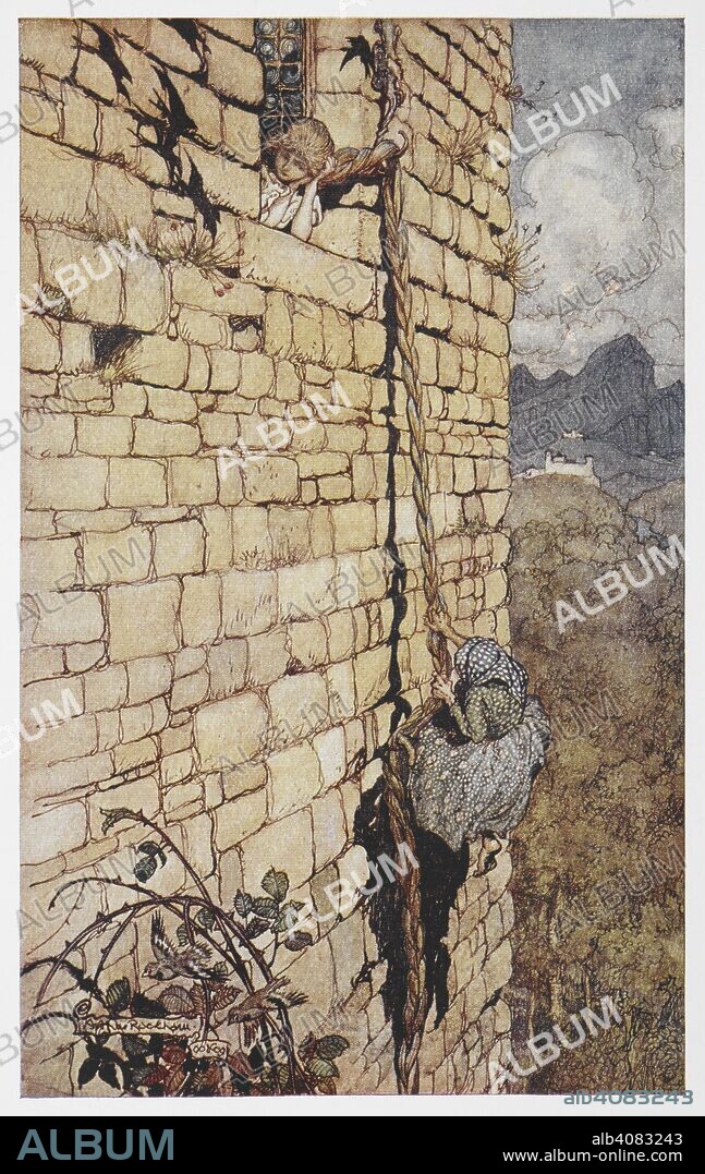 ARTHUR RACKHAM and GEBRUEDER GRIMM. Illustration of the witch climbing up Rapunzel's hair. Grimm's Fairy Tales. Illustrated by Arthur Rackham. London : William Heinemann, [1925]. 'The Witch climbed up'. Source: 12410.r.7. facing page 84.