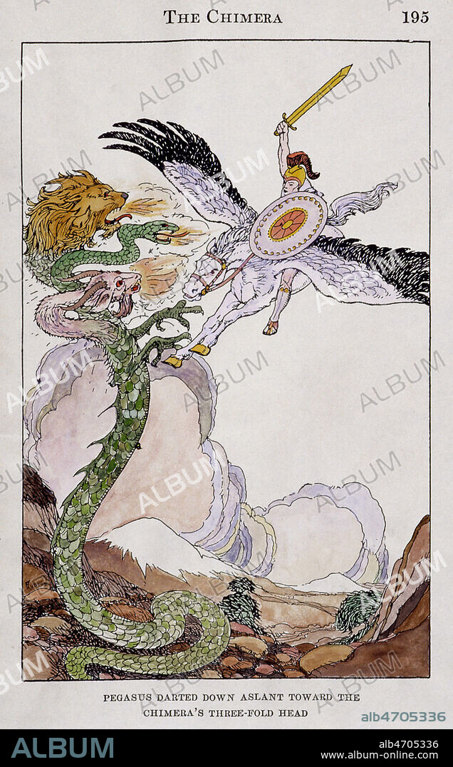 BELLEROPHON sur PEGASE bondit sur la Chimere aux trois tetes. Illustration de 1922 par Donn P. CRANE (1878-1944). Mise en couleur par nos soins. Credit : Coll. Jonas/KHARBINE-TAPABOR.
