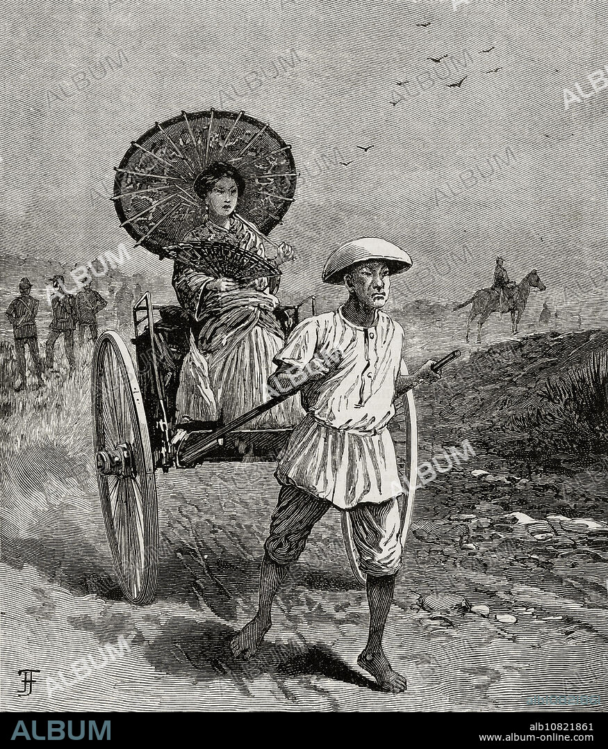 [ 1890s Japan - Japanese Woman in Rickshaw ] A woman, holding a fan and parasol, sits in a fanciful representation of a rickshaw. The rickshaw puller (, shafu) in front is wearing clothes that look more Chinese than Japanese. Published in the weekly British paper for children Chatterbox in 1894 (Meiji 27). 19th century vintage newspaper illustration.