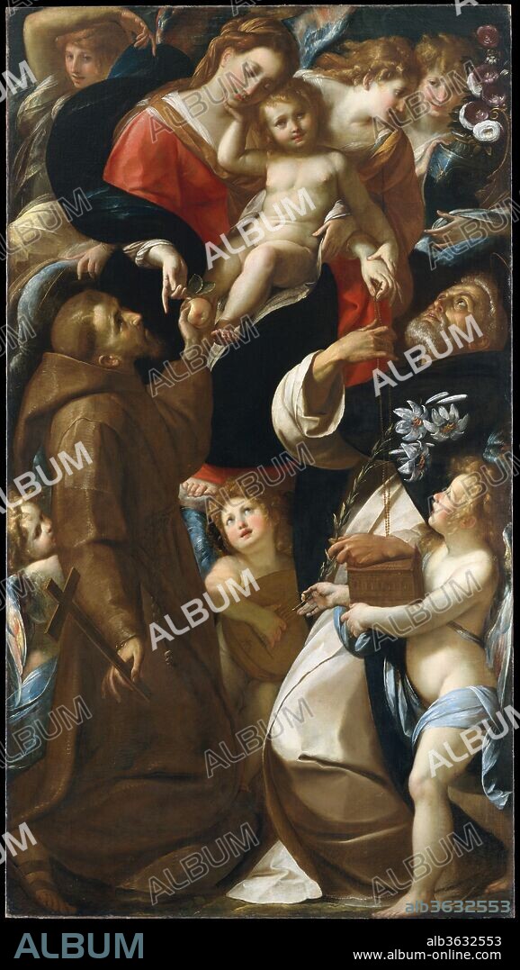 Madonna and Child with Saints Francis and Dominic and Angels. Artist: Giulio Cesare Procaccini (Italian, Bologna 1574-1625 Milan). Dimensions: 101 1/8 x 56 3/8 in. (256.9 x 143.2 cm).
This altarpiece shows the Institution of the Rosary, established by Saint Dominic (1170-1221) in the thirteenth century. The devotion was particularly popular in seventeenth-century Italy. The painting was commissioned soon after 1612, by Gaspare Spanzotta for the Chapel of Saints Francis and Dominic in the church of the Madonna dei Miracoli at Corbetta, near Milan. The tight composition and brilliant brushwork are characteristic of Procaccini's style, which evolved under the influence of work by Ludovico Carracci and Parmigianino.