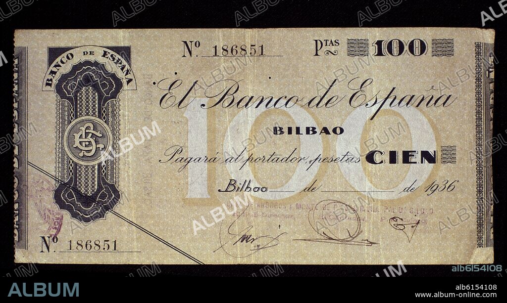TALON BANCARIO POR CIEN PESETAS, RESPALDADO POR EL BANCO DE ESPAÑA DE BILBAO.