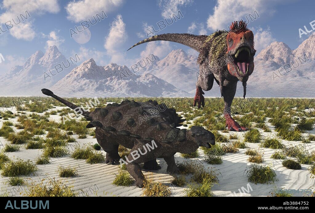 A carnivorous Tarbosaurus dinosaur approaching a Pinacosaurus armored dinosaur during the Cretaceous period in what is modern day Asia.