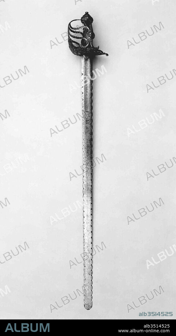 Basket-hilted Sword, blade dated 1662, hilt, British; blade, German, Steel, wood, silver, L. 39 7/8 in. (101.3 cm); L. of blade 34 1/4 in. (87 cm); W. 5 in. (12.7 cm); Wt. 2 lb. 6 oz. (1077 g), Swords, English hilts of this type, with chiseled ornament featuring portrait medallions, are often referred to as mortuary swords. The term seems to be an invention of nineteenth-century collectors and refers to a supposed likeness between King Charles I (executed in 1649) and the portrait medallions on the hilts.