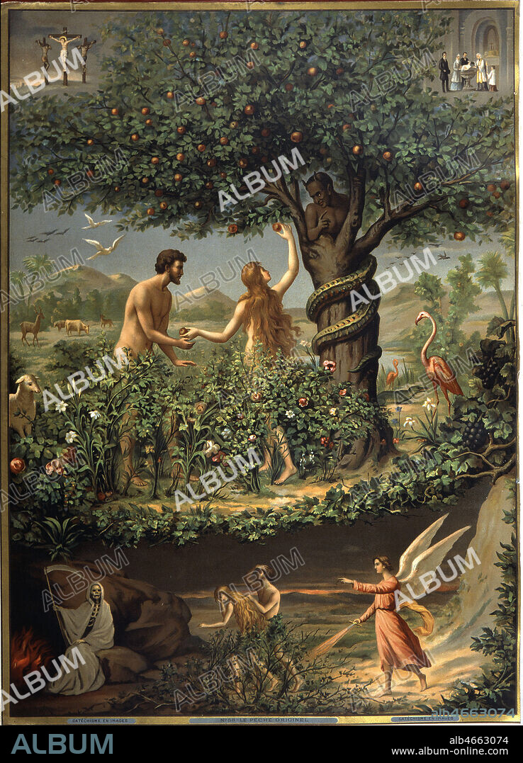'Le PECHE Originel' ADAM et EVE au jardin du Paradis. Le serpent est dans l'arbre, EVE tend la pomme a ADAM . En bas, Adam et Eve chasses du jardin d'Eden par l'ange Gabriel. Grande chromolithographie fin 19eme. Credit Collection Kharbine Tapabor.