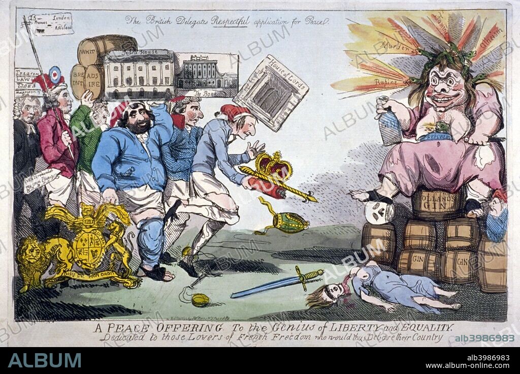 'A Peace Offering to the Genius of Liberty and Equality', 1794. Whigs offering gifts to France. A procession consisting of Charles Stanhope, bearing constitutional symbols, followed by Richard Sheridan, Charles Fox, Samuel Whitbread and the Duke of Bedford, moving towards a grotesque figure (the Republic) before whom Justice lies prostrate.