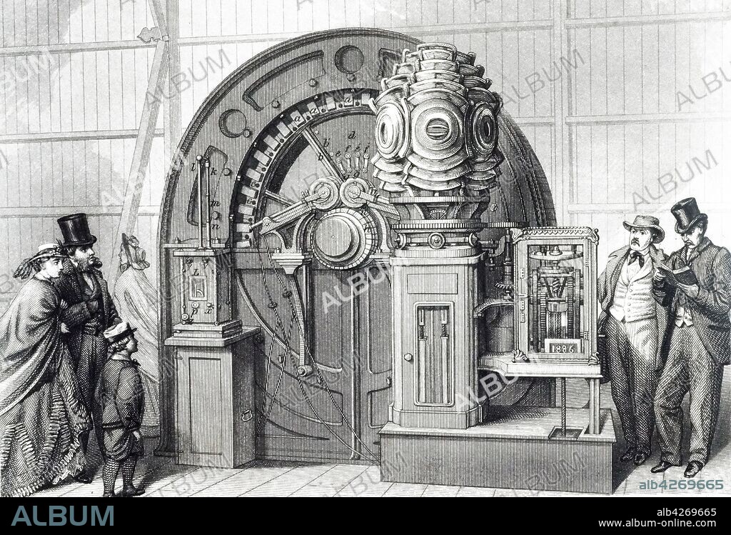 An engraving depicting the magneto-electric generator - shown powering a lighthouse light at the International Exhibition, London. Dated 19th century.