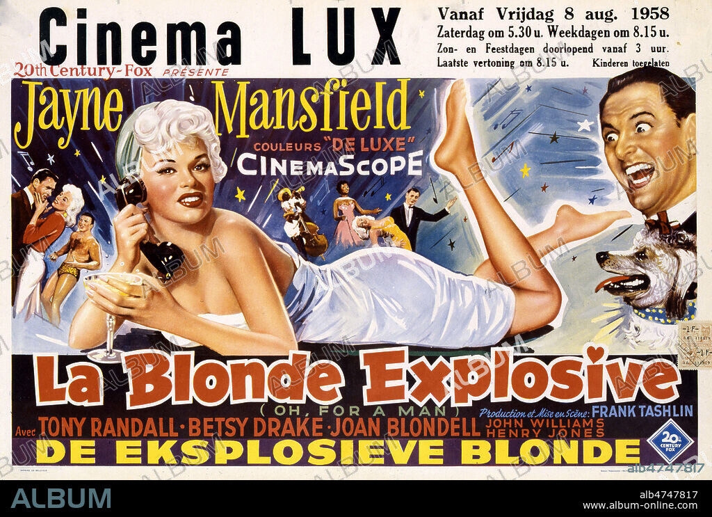 La blonde explosive. Affiche belge du film realise en 1957 par Frank TASHLIN (1913-1972) avec Jayne MANSFIELD (1933-1967) et Tony RANDALL (1920-2004). Illustration de Roger VACHER (20 S.). Credit : Coll. Perron/KHARBINE-TAPABOR.