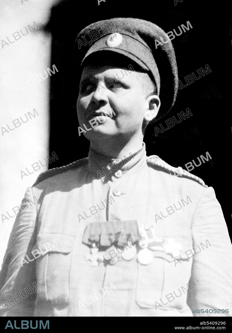 Maria Bochkareva visiting New York City. Maria Leontievna Bochkareva (1889 - May 16,1920) was a Russian soldier. At the outbreak of WWI, she joined the army by securing the personal permission of Tsar Nicholas II. She began front-line duty with the 5th Corps, 28th Regiment of the Second Army. She was decorated for rescuing 50 wounded soldiers from the field. After she was wounded in the arm and leg, Bochkareva worked as a medical sister until she returned to the front as a corporal in charge of 11 men. She suffered another injury that left her paralyzed for 4 months. After she recovered, she returned to the front as a senior non-commissioned officer delivering supplies. She was discharged in the spring of 1917. After the abdication of the Tsar, she proposed to Mikhail Rodzianko the creation of an all-female combat unit that she claimed would fix the Army's morale problem. Although female recruitment went against army regulations, the all-female battalion was granted special dispensation and designated the 1st Russian Women's Battalion of Death. Her unit was at the front at the time of the October Revolution. In 1919, she attempted to form a women's medical detachment under White Army Admiral Aleksandr Kolchak, but she was captured by the Bolsheviks. She was sentenced to death and executed as an enemy of the working class on May 16, 1920. Bain News Service, 1918.