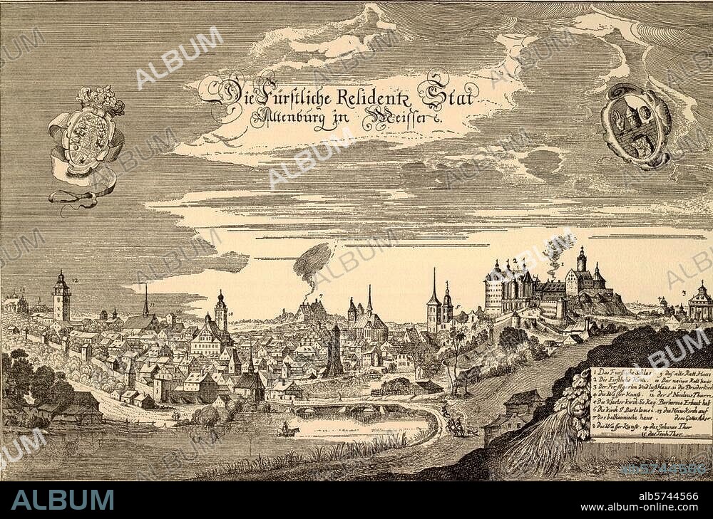 Altenburg (Thüringen). "Die Fürstliche Residentz Stat Altenburg in Meissen". (Ansicht von Stadt und Schloß). Kupferstich, Werkstatt des Matthäus Merian (1593-1650). Aus: M.Zeiller, Topographia Germaniae, Bd. 12, Topographia Superioris Saxoniae, Frankfurt (Matthäus Merian) 1650.