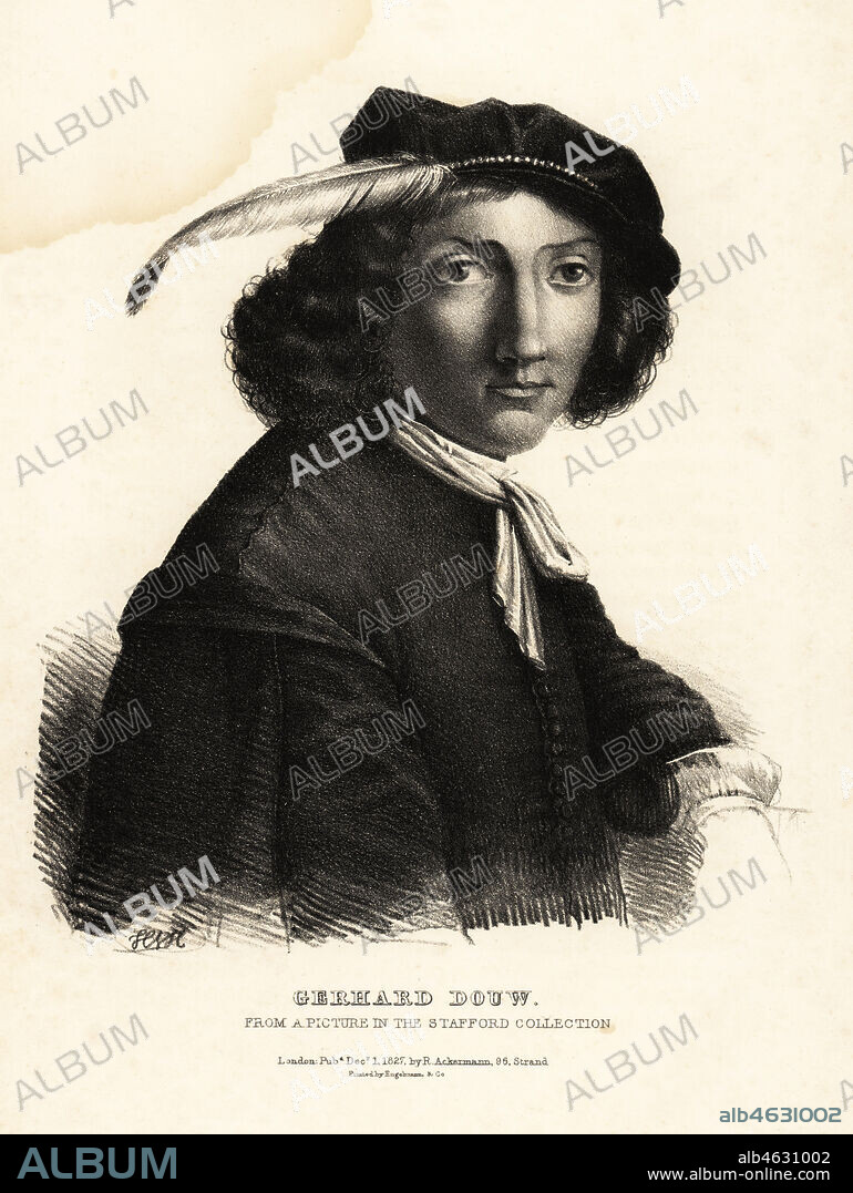 Gerhard Douw or Gerrit Dou, Dutch artist of the Golden Age, 16131675. From a picture in the Stafford collection. Lithograph after a drawing by HVH from Portraits of the most celebrated painters of all the schools, Ackermann, London, 1827.