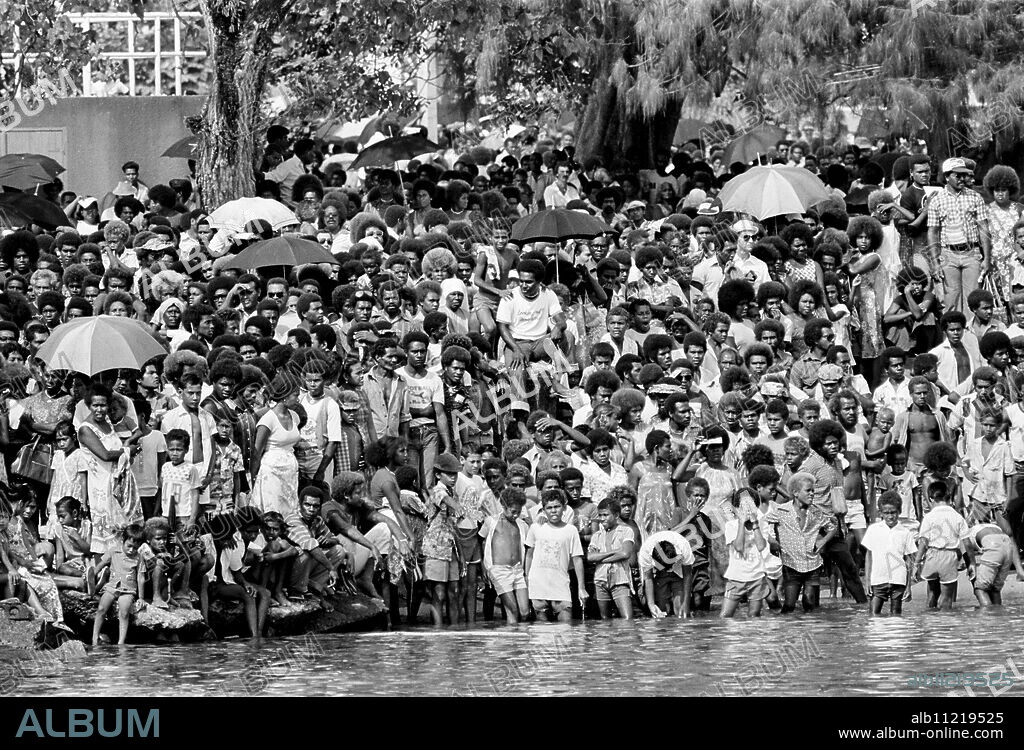 Locals attending traditional welcome ceremony for honoured guests in Honiara, Solomon Islands, South Pacific.