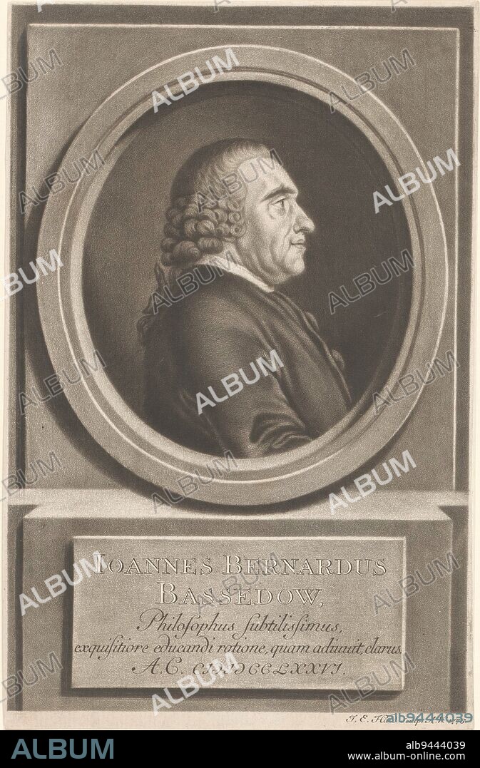 Portrait of Johann Bernhard Basedow, Johann Elias Haid, 1776, print maker: Johann Elias Haid, (mentioned on object), Augsburg, 1776, paper, h 212 mm - w 137 mm.
