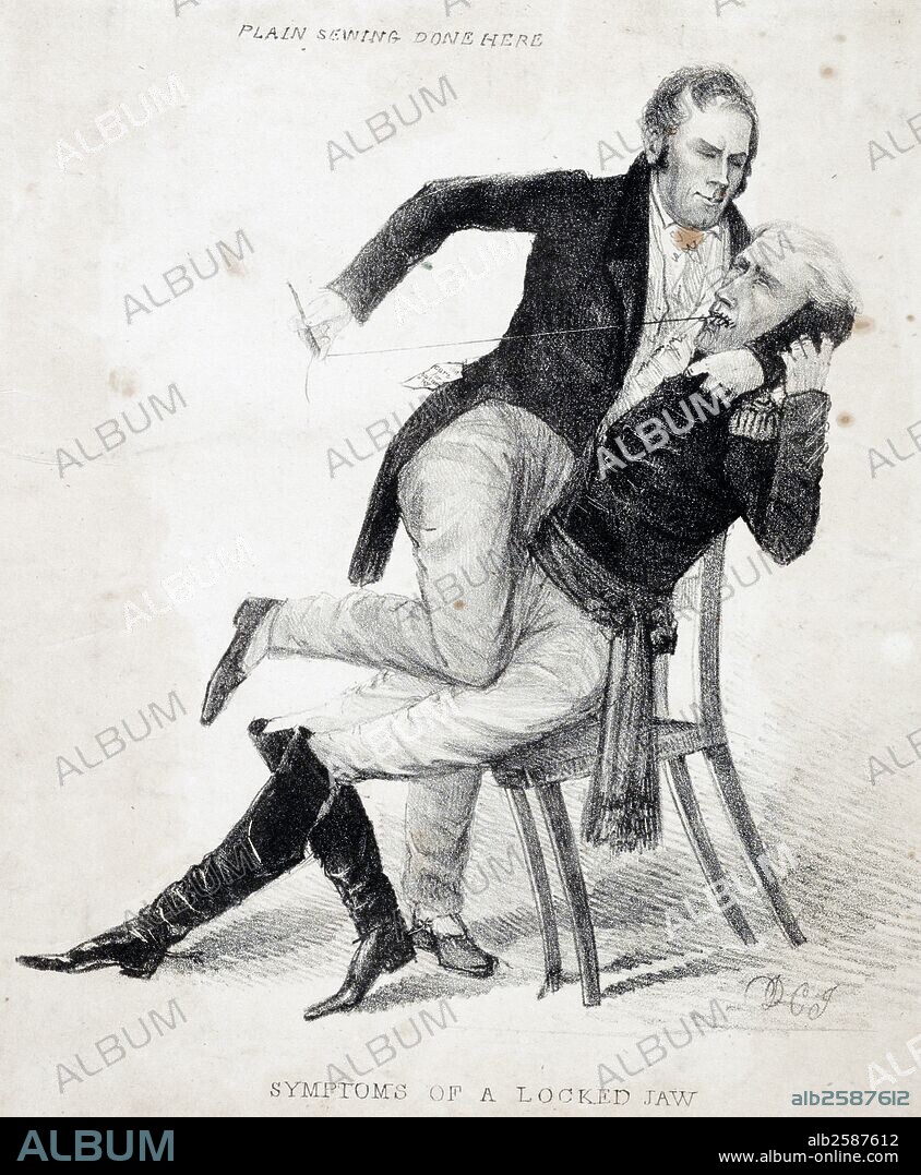 Symptoms of a locked jaw. Plain sewing done here' The caricature reflects the bitter antagonism between Kentucky senator Henry Clay and President Andrew Jackson, during the protracted battle over the future of the Bank of the United States from 1832 through 1836. The print may relate specifically to Clay's successful 1834 campaign to exclude from the Senate journal Jackson's statement of protest against Congressional censure of his earlier actions on the Bank. Clay is shown restraining a seated, uniformed Jackson and sewing up his mouth.