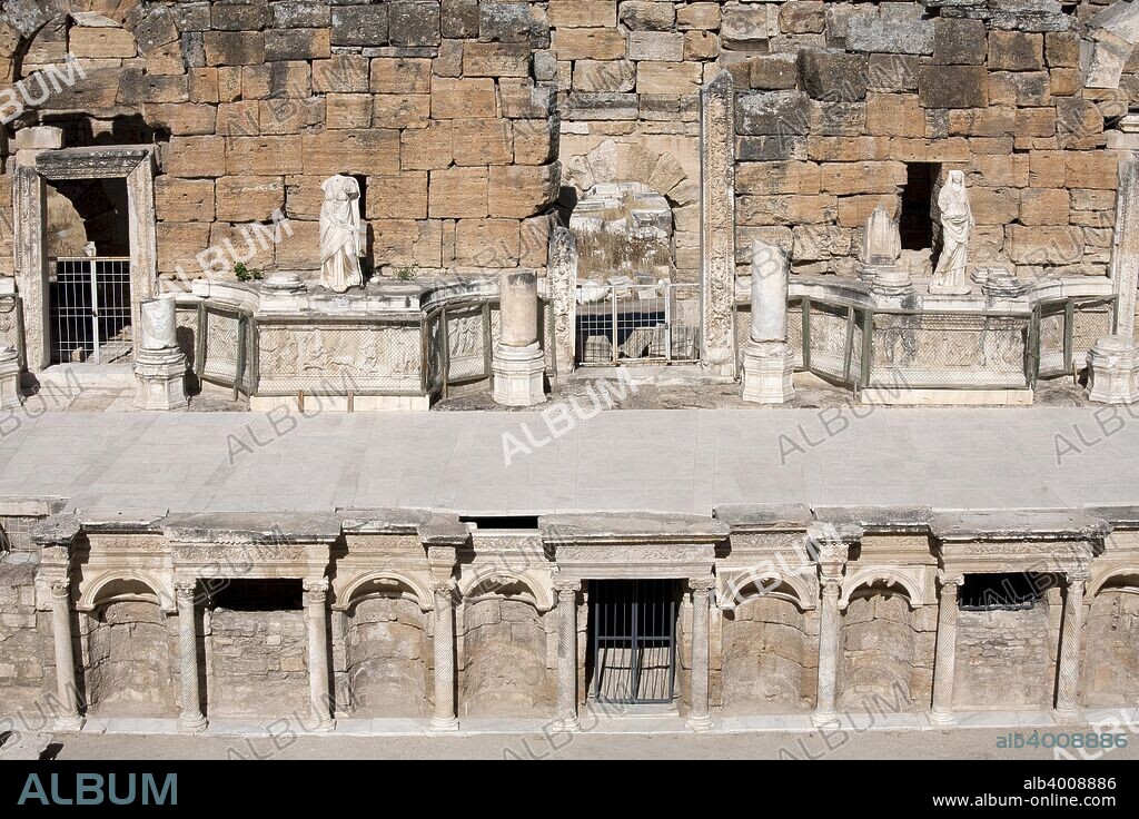 The theatre at Pamukkale (Hierapolis), Turkey. This is one of the best preserved of the great theatres of Asia Minor.. It was built in the 2nd century during the reign of the Emperor Hadrian and the stage building was rebuilt in the 3rd century during the reign of Septimius Severus. The mineral springs and the ruins of the ancient city of Hierapolis make this an unusually attractive place. The Hittites and the Phyrigians, the early civilisations in Anatolia, built altars, temples or cities at almost every water source.