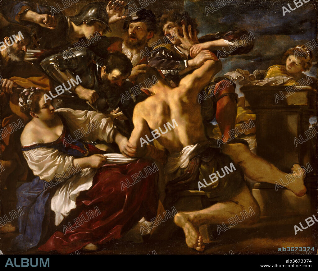 Samson Captured by the Philistines. Artist: Guercino (Giovanni Francesco Barbieri) (Italian, Cento 1591-1666 Bologna). Dimensions: 75 1/4 x 93 1/4 in. (191.1 x 236.9 cm). Date: 1619.
The subject of this picture is from the Biblical book of Judges. Samson, whose strength came from his hair, has been shorn by his duplicitous lover, Delilah, and is set upon by the Philistines, who bind him and blind him. The focus of this dramatic and marvelously staged composition--a landmark in the artist's career--is the vigorously modeled back of Samson, struggling to free himself. It is one of several commissions from Cardinal Giacomo Serra, the papal legate to Ferrara. Serra was a notable collector in Rome and also promoted Rubens.