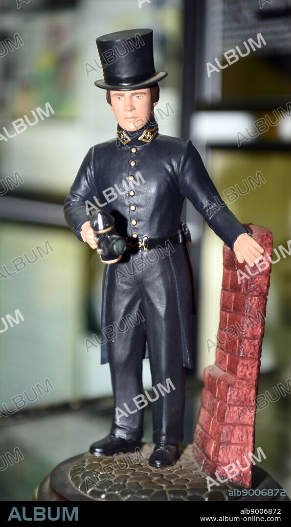 Porcelain figure of a 'Peeler' or police officer, 1860. The Metropolitan Police Service was founded in 1829 by Robert Peel under the Metropolitan Police Act 1829 and on 29 September of that year, the first constables of the service appeared on the streets of London.
