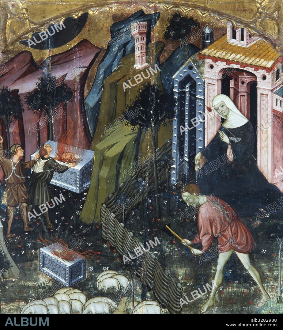 RAMON DE MUR. Altarpiece from Guimerà, 1402 - 1412. Adam working the land and Eve spinning. Cain killing Abel in the background. Tempera on wood. 526 x 676 cm. Twelve panels to have been conserved. From the parish church of Santa Maria in Guimerà (Alt Urgell). Museu Episcopal de Vic.