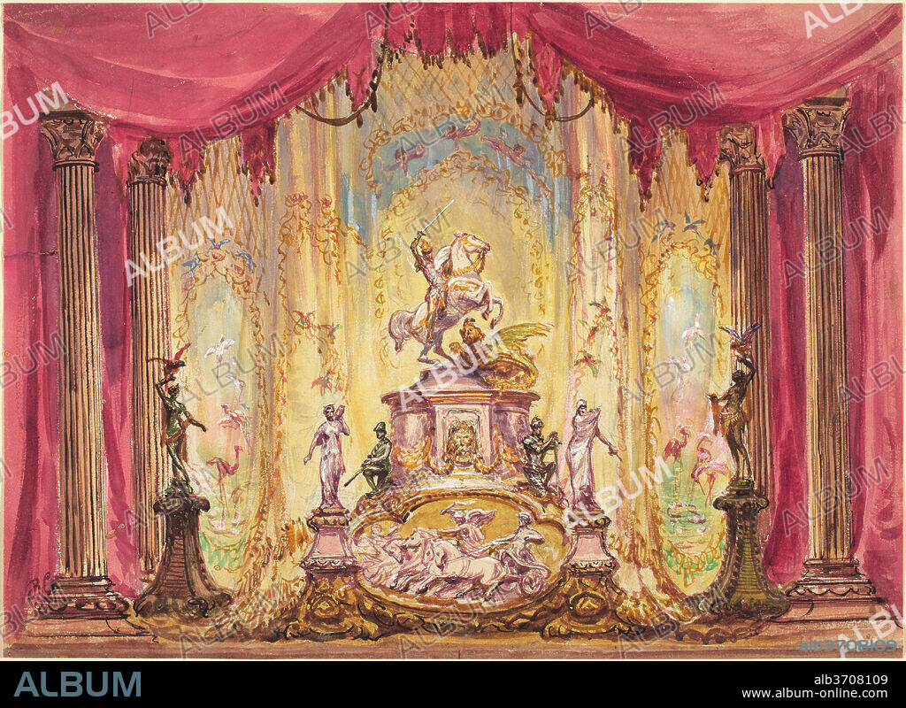 ROBERT CANEY. Stage Set With Statue Of St. George Slaying The Dragon. Dimensions: sheet: 25.2 x 34.5 cm (9 15/16 x 13 9/16 in.). Medium: watercolor and gouache with pen and black ink, heightened with white, over graphite on wove paper.