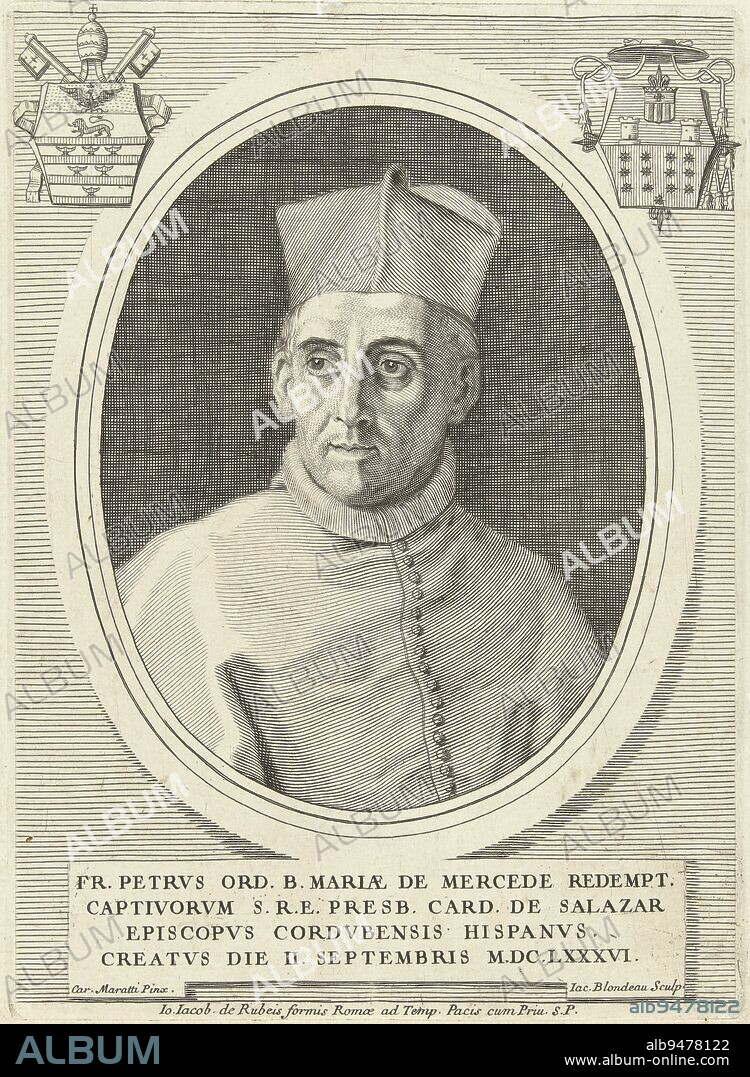 Portrait of Cardinal Pedro de Salazar Guti, print maker: Jacques Blondeau, (mentioned on object), after: Carlo Maratti, (mentioned on object), publisher: Giovanni Giacomo de'Rossi, (mentioned on object), print maker: unknown, publisher: Rome, 1686 - 1698, paper, engraving, h 209 mm × w 152 mm.