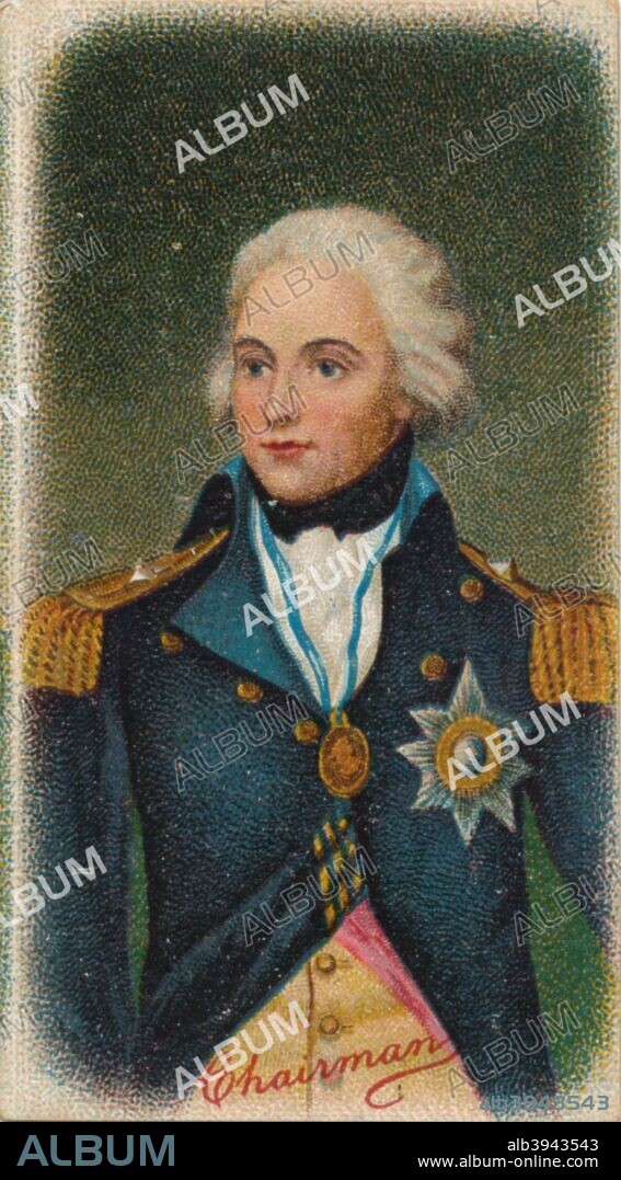 Horatio Nelson (1758-1805) was one of Britain's greatest military figures. Admiral Nelson (1758-1805) was the victor at a number of naval battles in the Napoleonic Wars, including the Battle of the Nile (1798), Copenhagen (1801) and most famously, Trafalgar (1805) where he was fatally wounded. This portrait is after Lemuel Francis Abbott (circa 1760-1802) and shows Nelson in rear-admiral's uniform wearing the Star and Ribbon of the Bath and the Naval Gold Medal, awarded for his victory at the Battle of St Vincent (1797). Taken from R. J. Lea, Ltd's first series of Chairman Miniature cigarette cards, 1912.