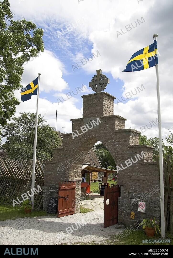 Entrance gate of the open air museum Bunge, Gotland, Sweden, Europe.