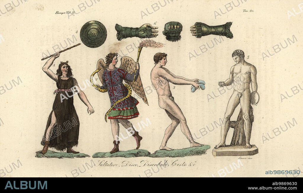 Greek athletes and their tools. A longjumper with weights 3, discus 4, discus thrower or Discobolus 5, cestus or caestus gloves 6. Saltatore, Disco, Discobulo, Cesto, &c. Handcoloured copperplate engraving by Giovanni Antonio Sasso from Giulio Ferrarios Costumes Ancient and Modern of the Peoples of the World, Il Costume Antico e Moderno, Florence, 1826.