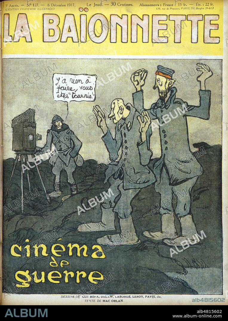 Cinema de guerre. Illustration de Gus BOFA (1883-1968= ADAGP) pour la couverture de La Baionnette de 1917. Reserver des droits. Credit : Collection KHARBINE-TAPABOR.