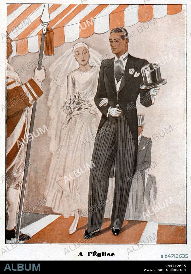 'A la mairie' : scene de mariage. Brochure publicitaire vers 1930 pour le tailleur GUESDON. Illustration anonyme. Credit : Collection IM/KHARBINE-TAPABOR.