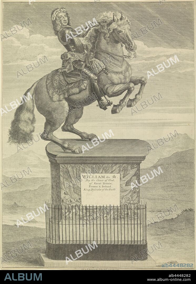 Equestrian statue of William III, Prince of Orange, Equestrian statue of William III. In the background mountains. On a pedestal are names and titles in English, knighthood order (GARTER) - insignia of a knighthood order, eg .: badge, chain, equestrian statue, William III (Prince of Orange and King of England, Scotland and Ireland), anonymous, 1688 - 1749, paper, etching, h 593 mm × w 435 mm.