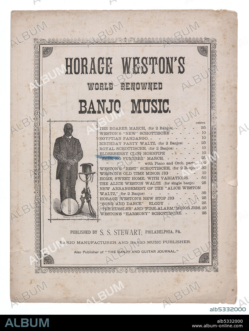 Printed sheet music for "Seek No Further March" by African-American musician Horace Weston. The three page folio has a cover featuring an illustrated portrait of Weston standing with his five-string banjo. Above the illustration is the text [HORACE WESTON'S WORLD RENOWNED BANJO MUSIC] in decorative type. To the right of the portrait is a listing of Weston's songs with prices for the sheet music. The songs include [THE ROARER MARCH (for 2 Banjos)], [WESTON'S NEW SCHOTTISCHE], [ELDERBERRY CLOG HORNPIPE], and others. A blue mark has been made on [SEEK NO FURTHER MARCH]. Below the portrait and song listing is the text [PUBLISHED BY S. S. STEWART, PHILADELPHIA, PA / BANJO MANUFACTURER AND BANJO MUSIC PUBLISHER / ALSO PUBLISHER OF "THE BANJO AND GUITAR JOURNAL"].