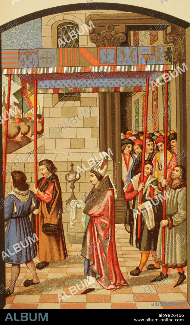 Procession of René I of Anjou (1409-1480), King of Naples, in Aix-en-Provence. Depiction of the procession of the Blessed Sacrament. The archbishop of Aix-en-Provence carrying the Blessed Sacrament under a baldacchino, preceding the King René and his court. Chromolithography from a miniature of the "Breviary du Roi René", 15th century. "Vie Militaire et Religieuse au Moyen Age et à l'Epoque de la Renaissance". Paris, 1877.